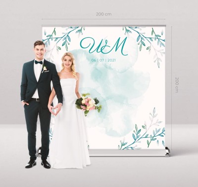 Roll up na wesele (ścianka weselna) - Turkusowe liście - RollUp 200x200cm