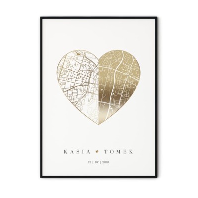 Plakat personalizowany dla pary mapa serce (złota)