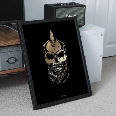 Złoty plakat muzyczny - Punk Rock czaszka z brodą i wąsami