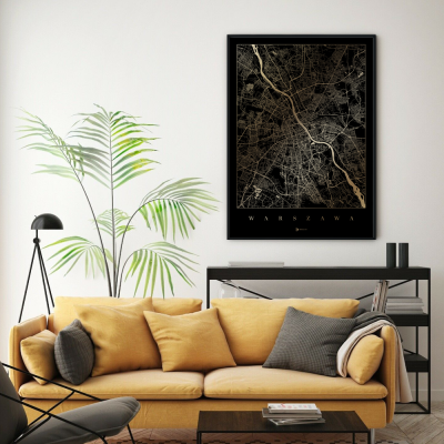 Mapa Warszawy - Czarno złoty plakat miasta w ramie