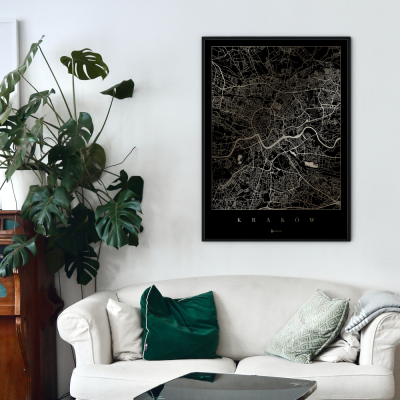 Mapa Krakowa - Czarno złoty plakat miasta w ramie