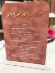 Welurowe menu weselne na stół na plexi - różne warianty kolorystyczne